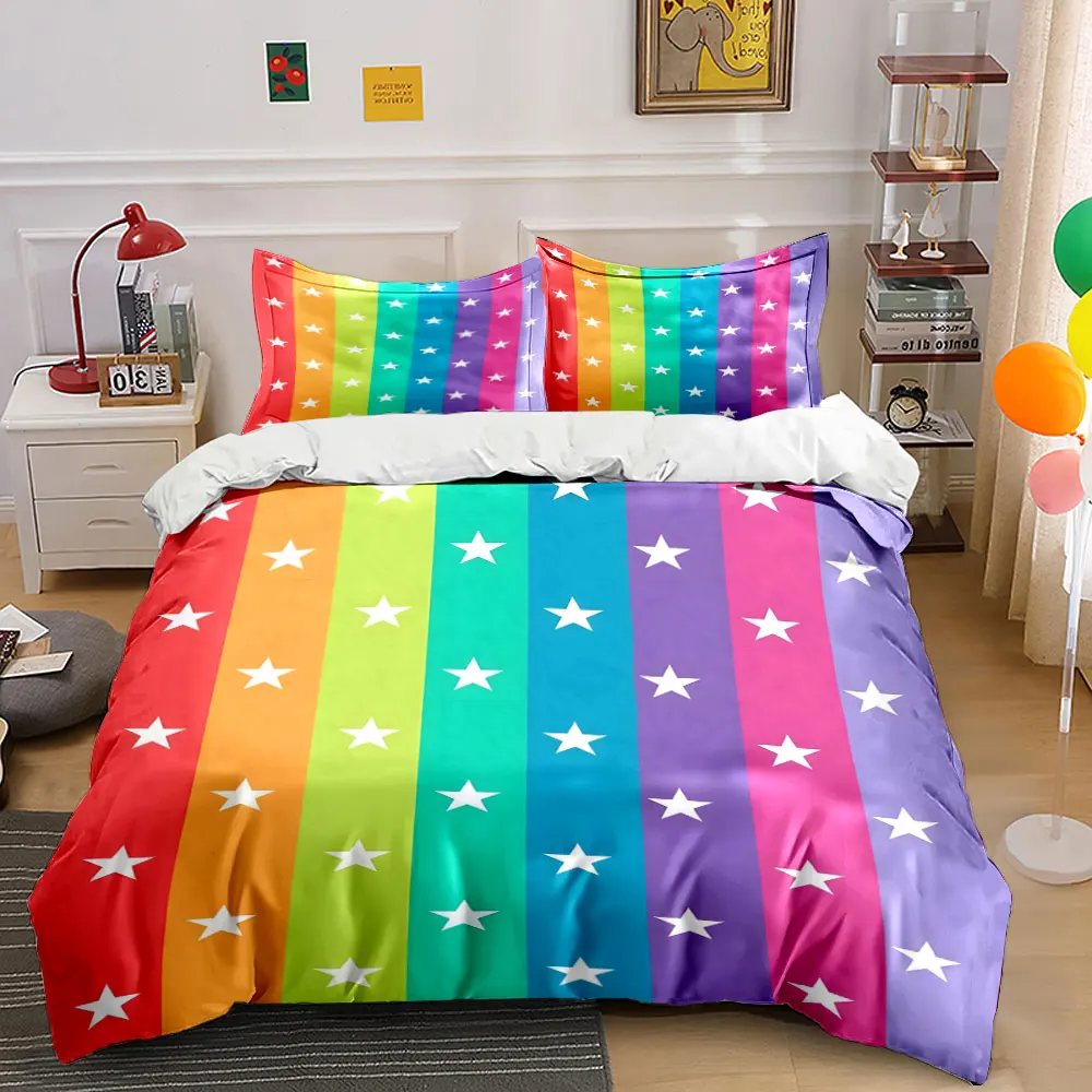 Rainbow Stripes with White Stars Print Bedding Set 1 Duvet Cover 2 Pillowcases for Adult and Children Luxury Gift Full Size