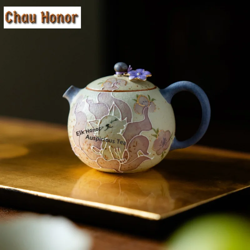 

150ml Hand-drawn Fox Teapot Handmade Tea Infuser Pot Tea Brewing Kettle With Ball Hole Chinese Tea Set Accessories Collectible