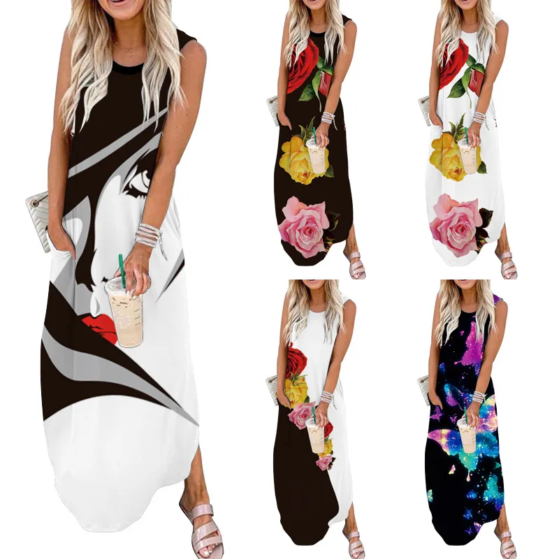 2021 New Summer Women's Clothes Sleeveless Long Dress round Neck Printed Vest Dress Europe and America Border Foreign Trad