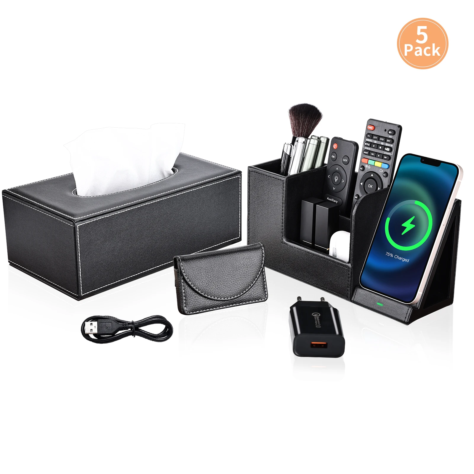 Kingfom Office Desk Storage Organizer Set PU Leather Tissue Box 10W Fast Wireless Charger Business Card Holder Black 3 Pcs/Set