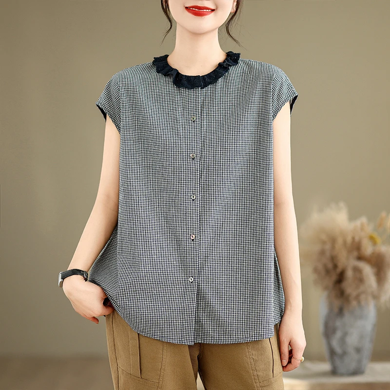 Original rétro dentelle col pur coton Plaid ample oulder couverture Sve irt femmes bouton nouveau Sle été Faion haut