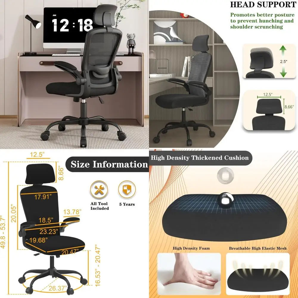 Ergonomic Desk Chair for Extended Sitting with Lumbar Support and Adjustable Headrest for Back Pain Relief - High-Density Foam f
