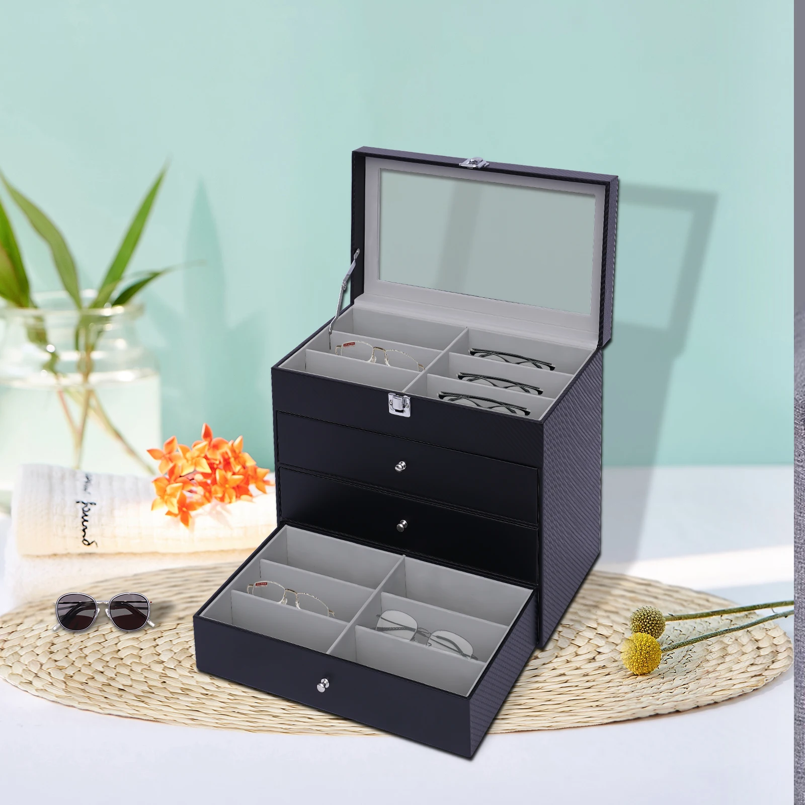 

4 Layer 24 Slots Eyeglass Sunglasses Storage Box PU Leather Eyewear Display Case with Removable Drawer And Lock