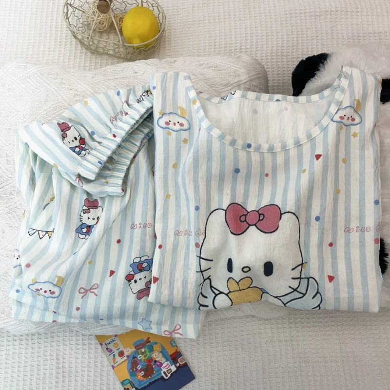 الصيف مرحبا كيتي الكرتون لطيف فتاة نسخة فضفاضة جولة الرقبة بدلة قصيرة مزدوجة