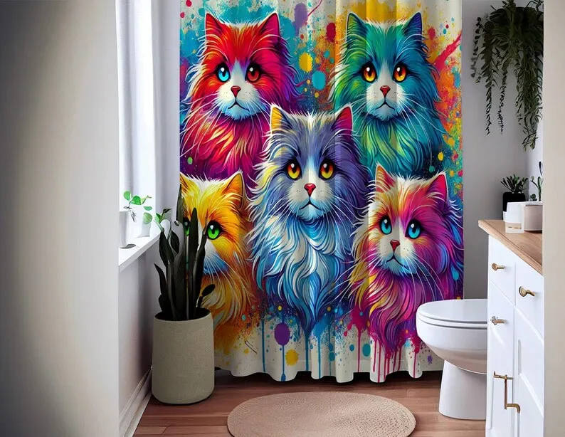 Colorful Cat Shower Curtain, Waterproof Fabric Bath Curtain Rainbow Cat Design, Fun and Whimsical Bathroom Decor