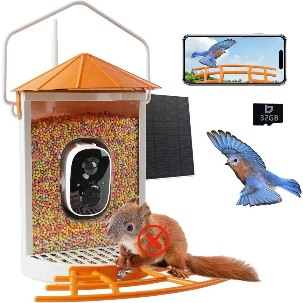 Birdkiss-Smart Bird Feeder Camera, Wireless Bird House with Solar Panel, Motion Activated and Watching HD Video Orange