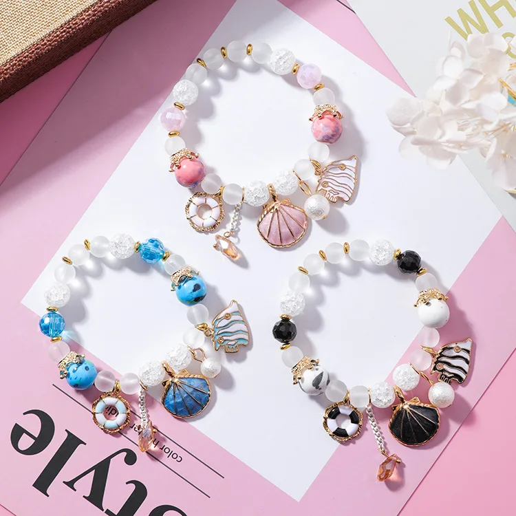 Sweet Shell Ocean Ceramic Beaded Crystal Bracelet Colorful Glass Fresh Water Summer Hand Jewelry for Women