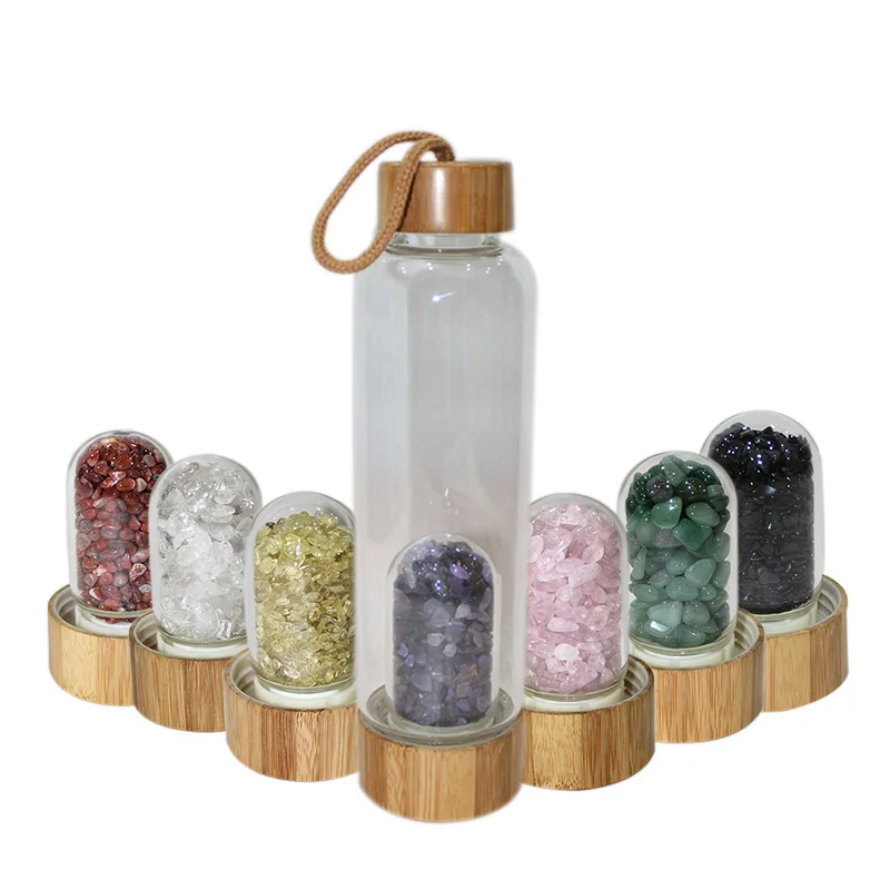 

Natural Bamboo Cover Gem Water Bottle Energy Healing Stone Crystal Piece Water Bottle