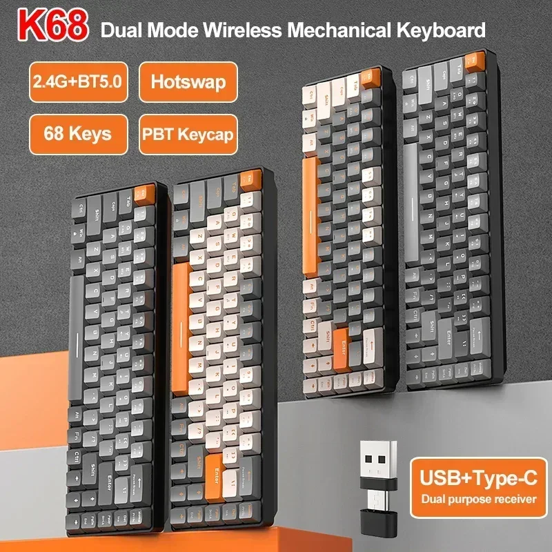 

Новая беспроводная игровая механическая клавиатура K68 2,4G/BT5.0, 68 клавиш, мини-игровая механическая клавиатура с возможностью горячей замены, колпачки для клавиш из ПБТ, 65% клавиатуры