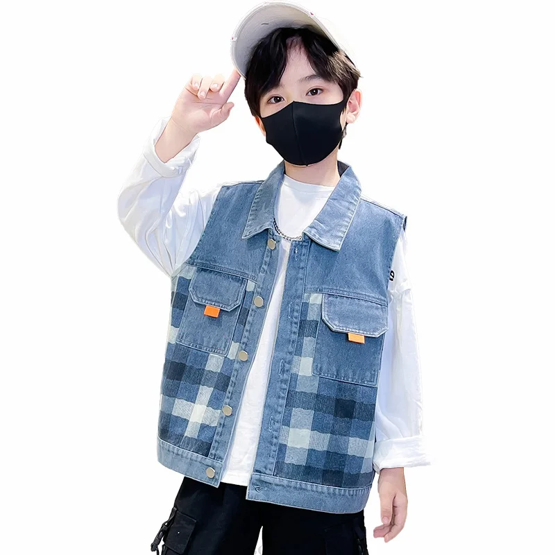 New Design Child Mosaic Plaid Denim Vest for Boy Casual Blue Denim Waistcoat Outerwear Kids Child Elegant Sleeveless Jacket 4-13