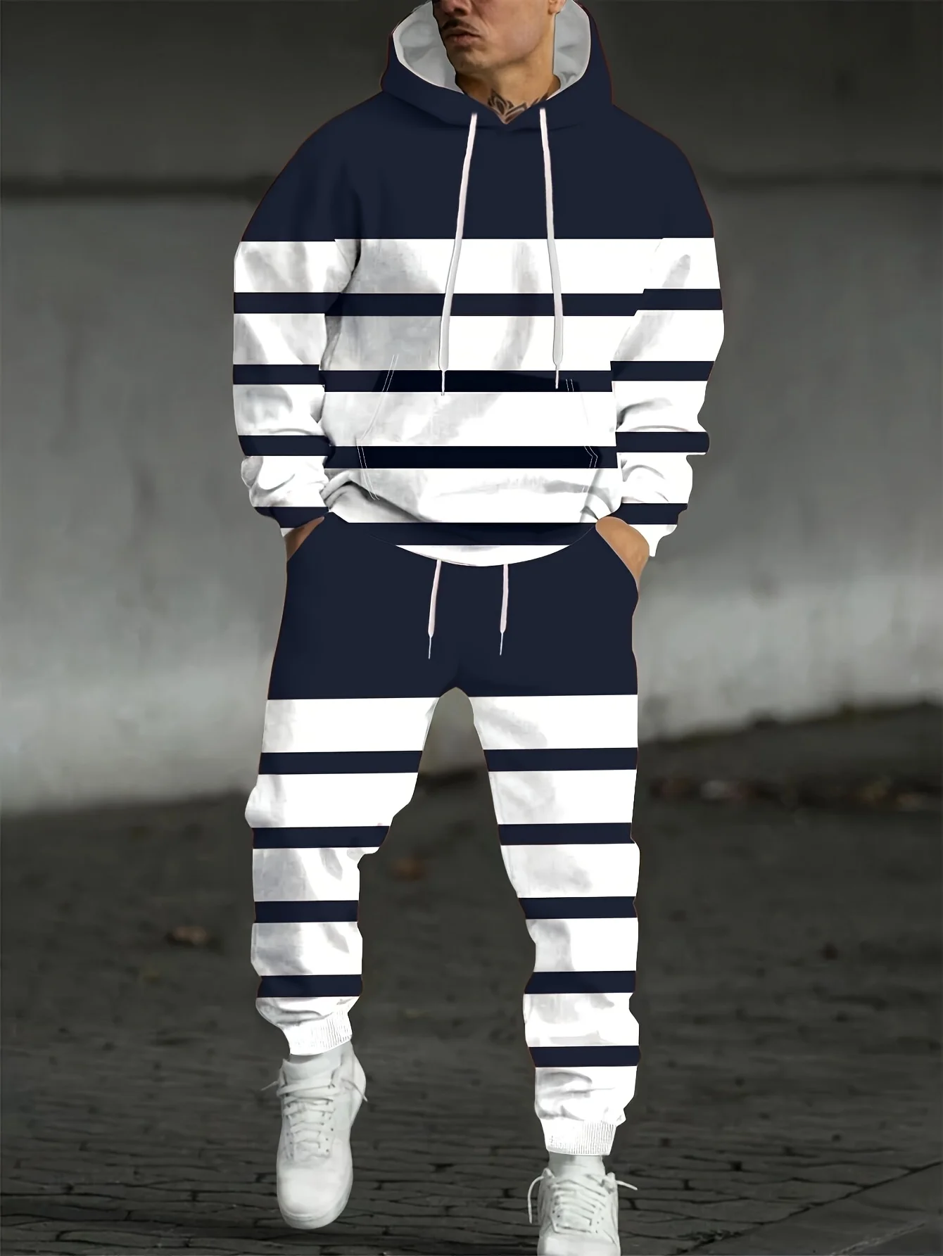 Herfst Gestreepte 3D Gedrukt Hoodie Pak Mannen Sweatshirts Hoodies Joggingbroek Casual Mode Tweedelige Trainingspak Set Man Kleding