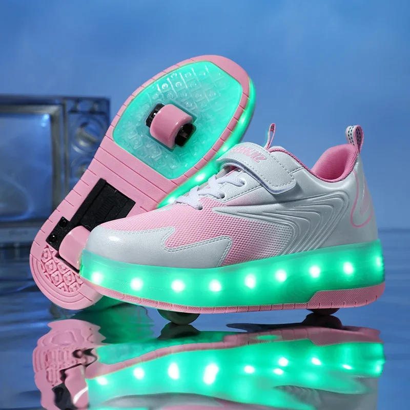 Boys Running Shoes with Double Wheels USB Charge Sport Shoes Girls Roller Shoes Roller Skates Kid Sneakers LED Illuminated Shoes