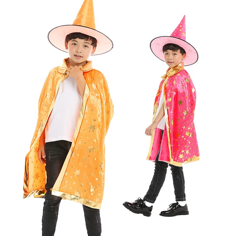Sydanne Kids Magician Wizard Cloak Hat Cosplay Costume Hot Stamping Five-pointed Star Cloak Party Costume Halloween Costume