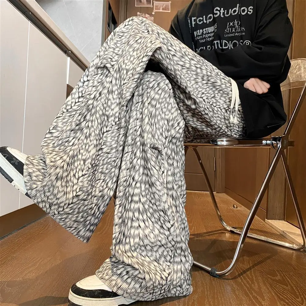 Thickened Fleece Men's Casual Pants Autumn Winter Tie Dye Corduroy American Retro Straight Loose Working Leisure Long Trousers