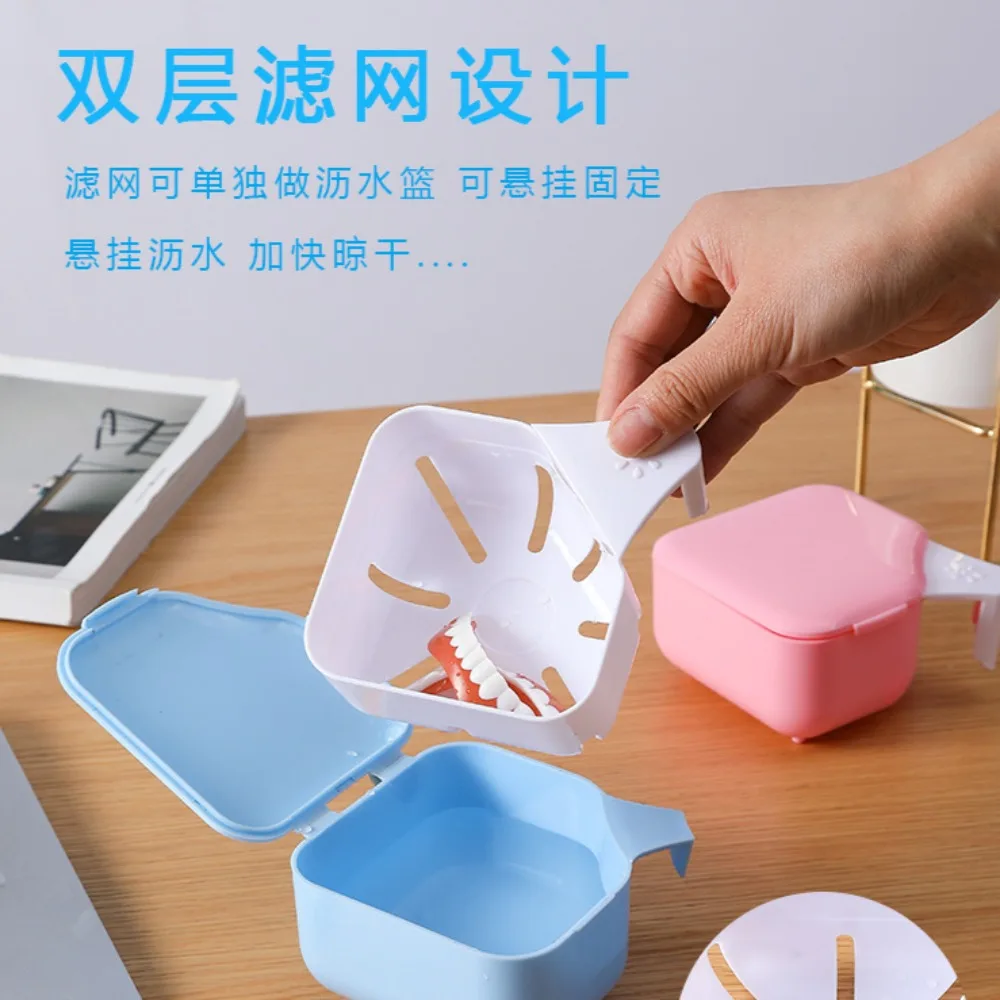 Denture Storage Box Soak Container For Invisalign Brace Fake Teeth Two Layer With Hanging Net Travel Prosthesis Denture Case