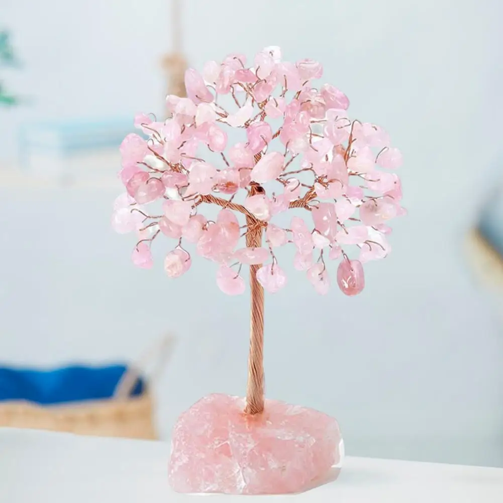 Rose Quartz Lucky Tree Good Meaning Handmade Home Decor with Base Faux Crystal Copper Wire Lucky Money Tree Home Decorations