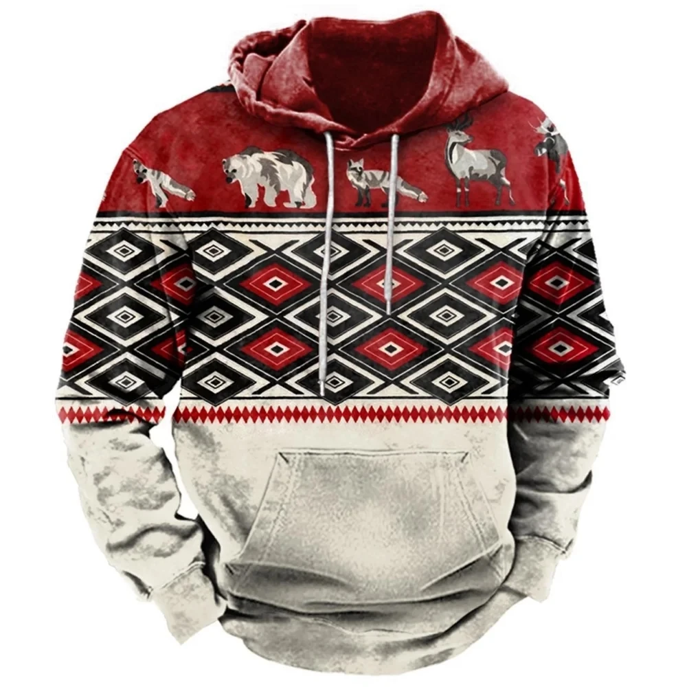 Christmas Men\'s Hoodie Retro Indian Animal Pattern Cowboy Style Casual Fashion Hooded Sweatshirt Unisex Harajuku Oversized Top