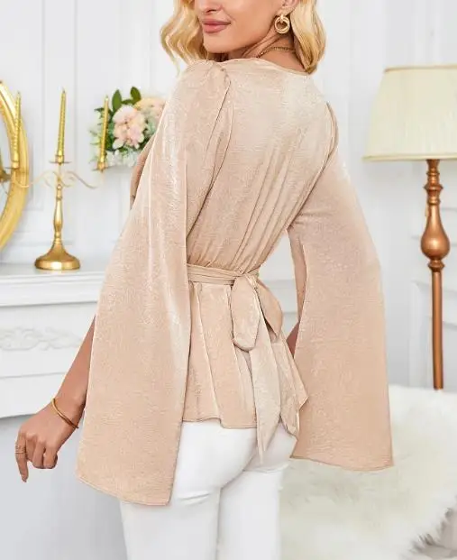 

Solid Color Swing Collar Tied Waist Flared Sleeve T-Shirt Autumn Women's Fashionable and Elegant Slim Fit Long Sleeved T-Shirt