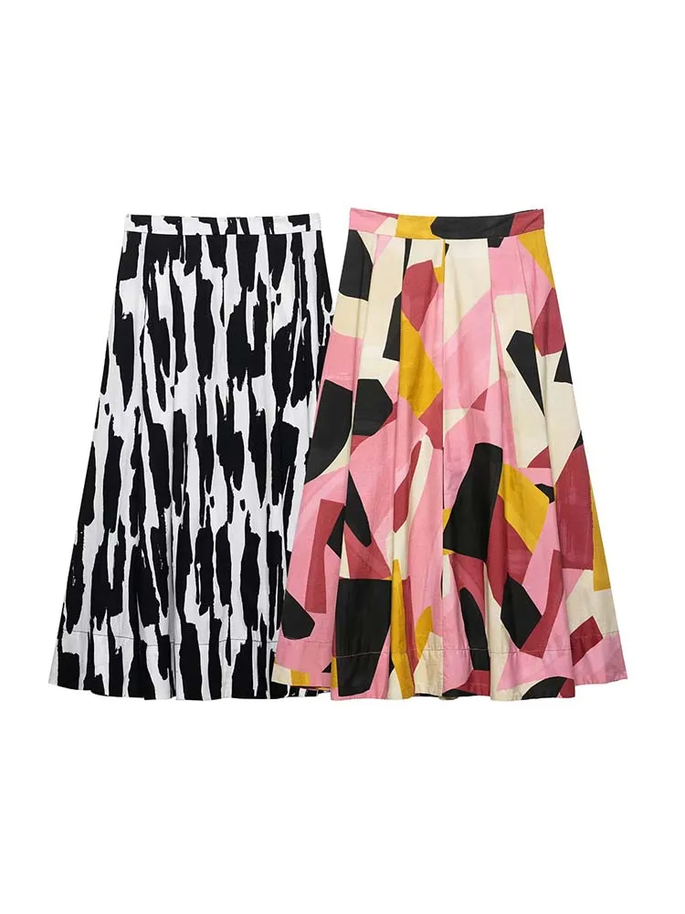 Summer New Women Skirts Fashion Print Side Zipper Female ELegant Street Skirt Clothing