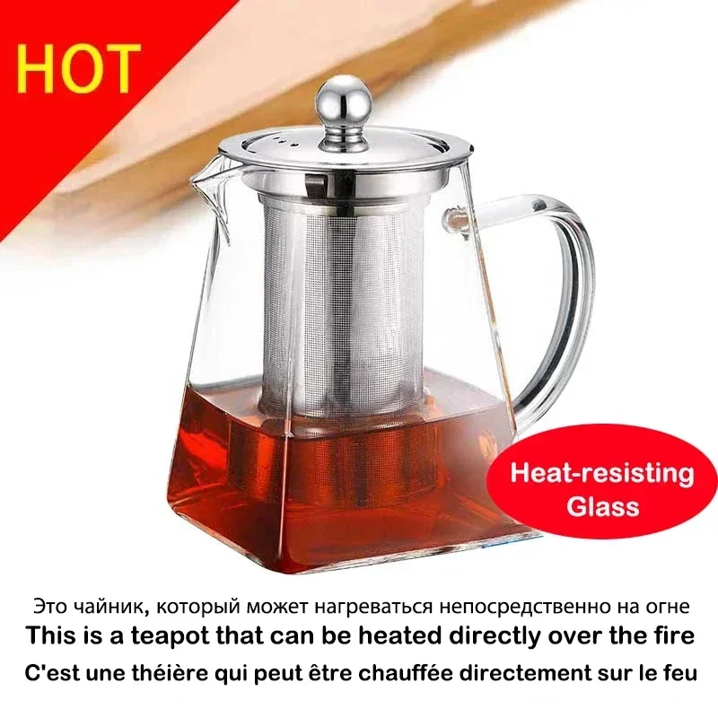 New Heat Resistant Glass Teapot With Stainless Steel Infuser Heated Container Tea Pot Good Clear Kettle Square Filter Baskets