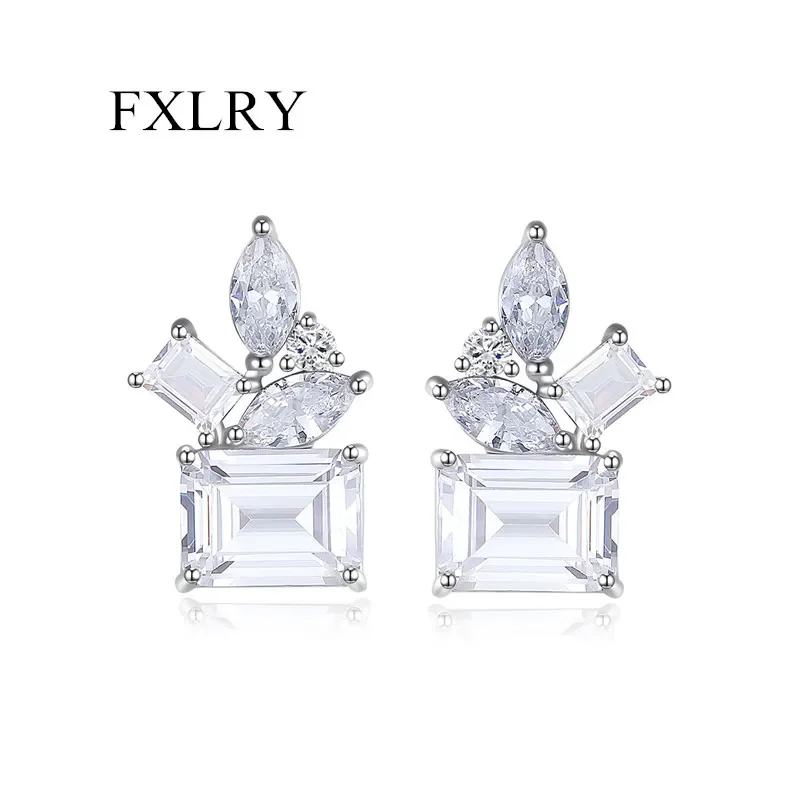 FXLRY Creative Design Copper Encrusted Rectangular Cut Zircon Earrings Bridal For Women Luxury Wedding Jewelry