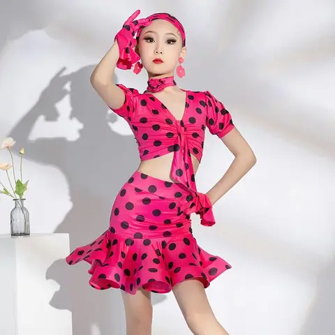 Kids Girls Cha Cha Salsa Tango Samba Dancewear Dance Costume Set Polka Dot Latin Dance Training Clothes
