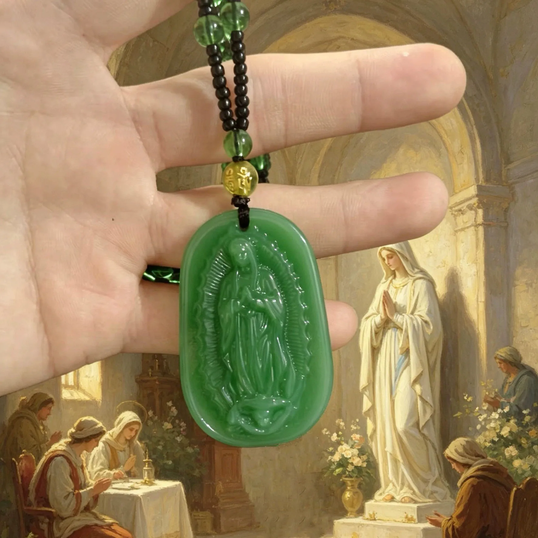 Obsidian Carved Virgin Statue Pendant Necklace Men Women Religious Jewelry