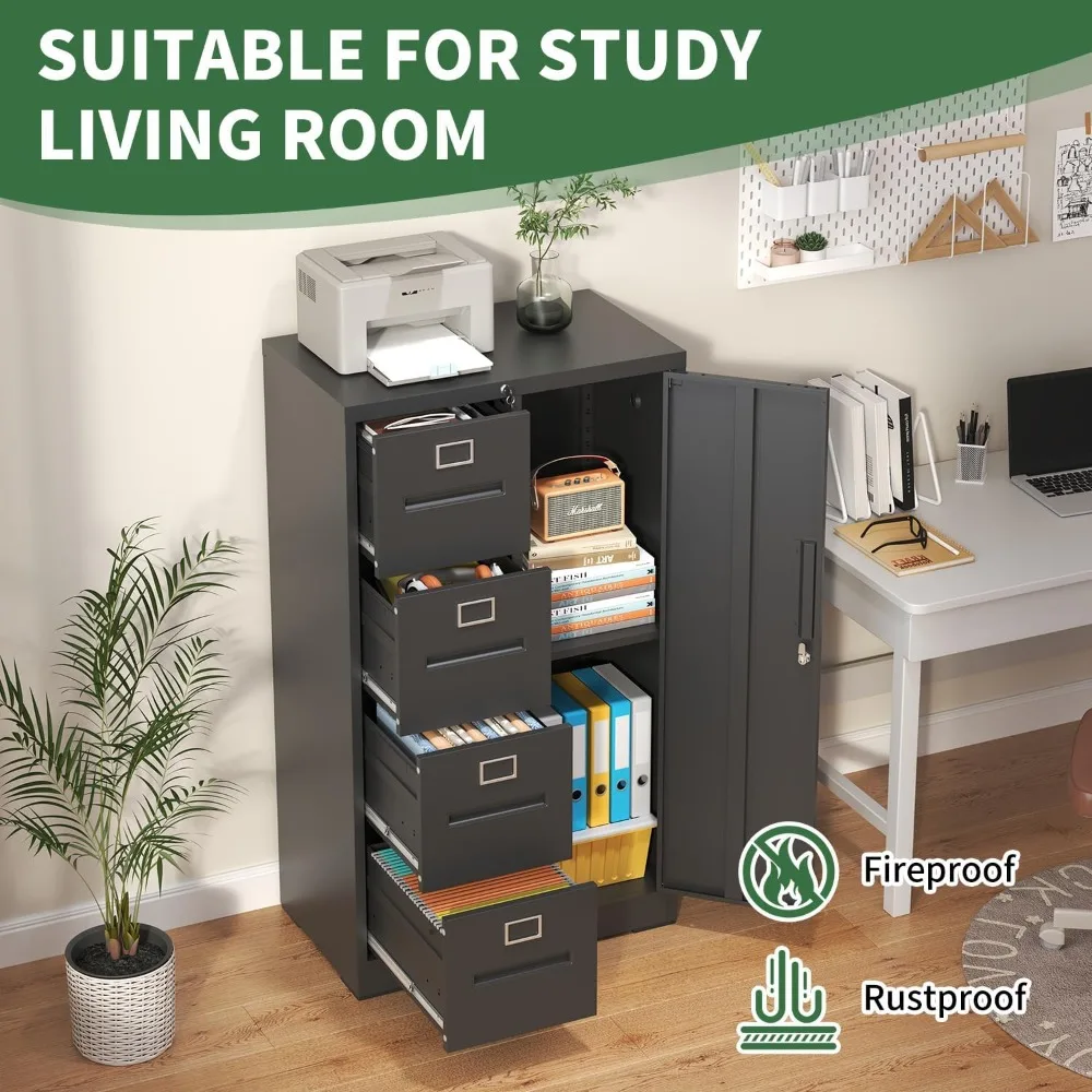 Vertikaler Aktenschrank mit 4 Schubladen, Schloss und 1 Tür, Aktenschrank mit A4-Regalen/Buchstaben, Schwarz, Montage erforderlich