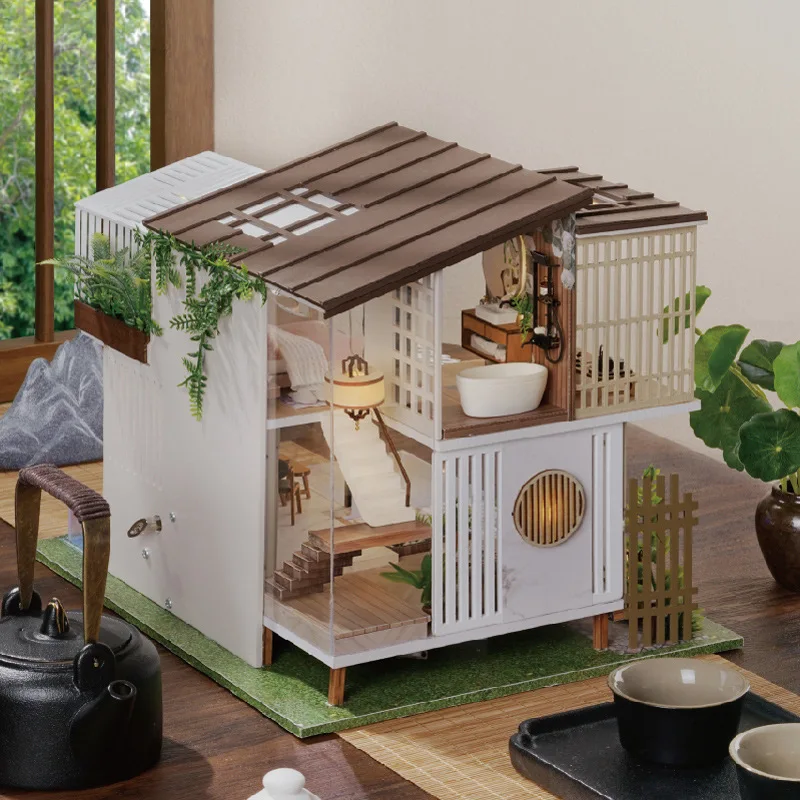 DIY Wooden Modern Loft Casa Miniature Building Kits Assembled Dollhouses With Light Bookshelf Home Decor Friends Birthday Gifts