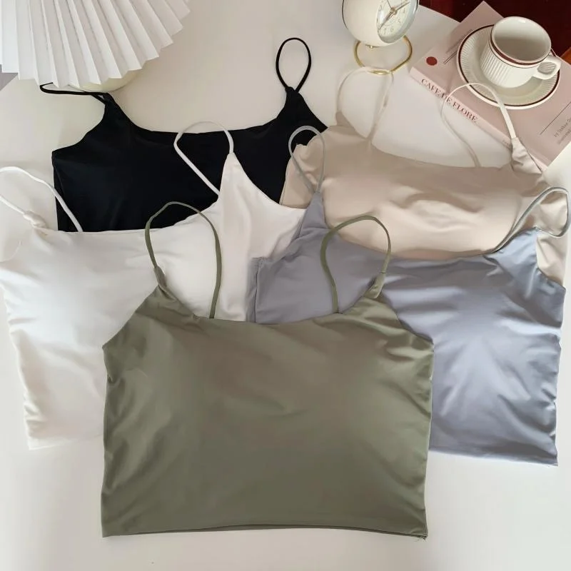 Women Ice Silk Tank Tops Seamless Underwear Non-wire Backless Bra Removable Pads Sexy Lingerie Female Camisole