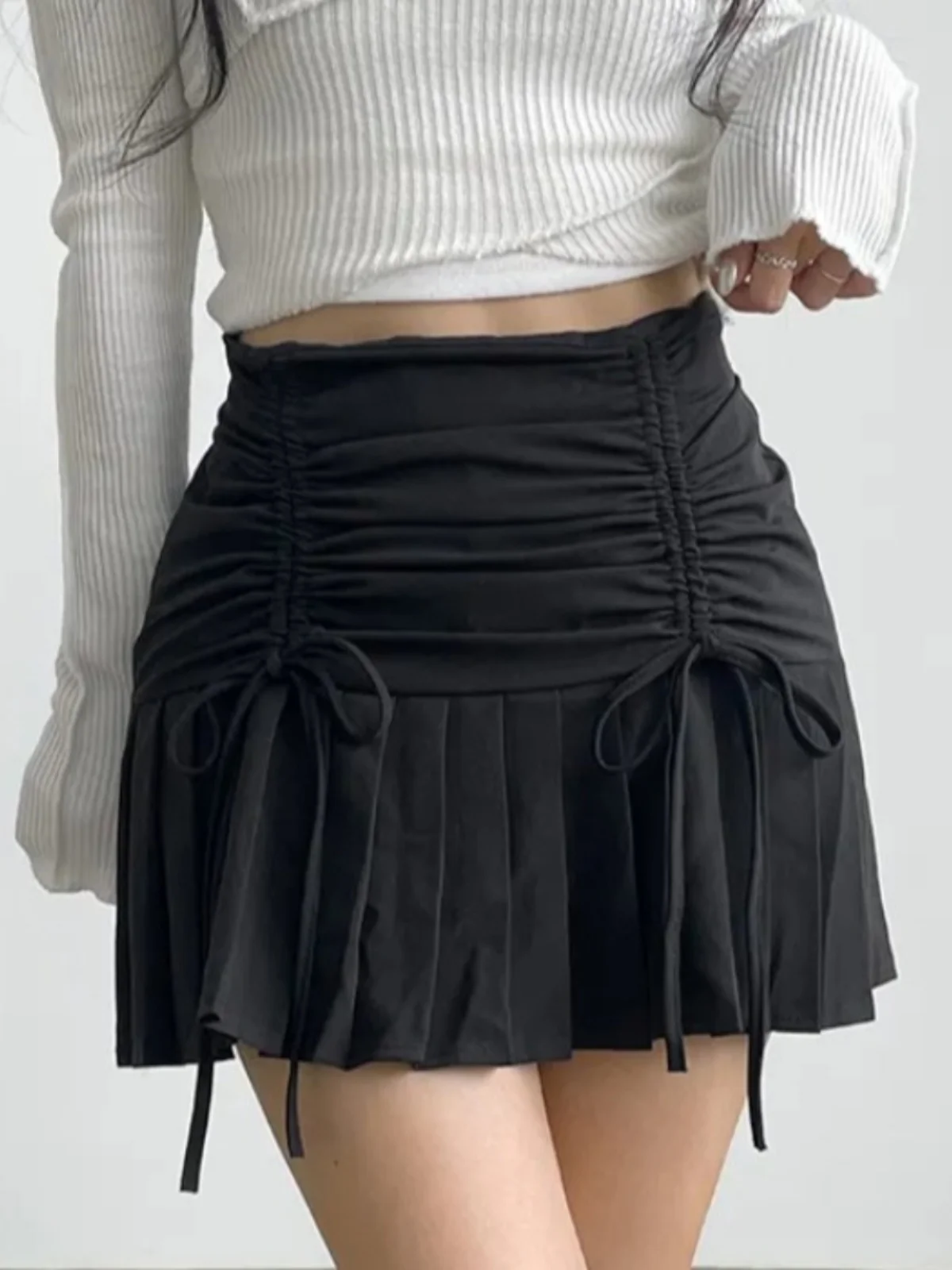 

High Waist Skirt Women's Korean Style Atmosphere Clothing Short Skirts Slimming Versatile Drawstring Splicing Pleated Skirt