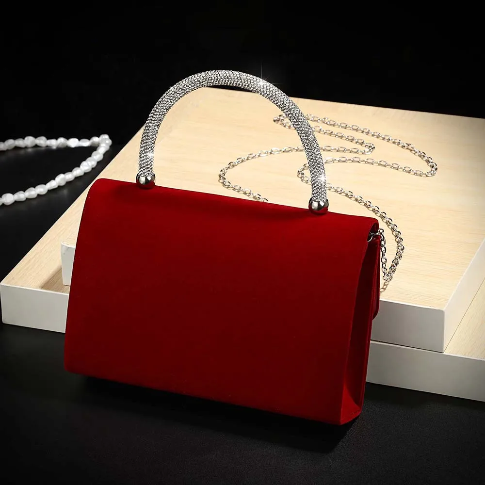 New wine red velvet diamond-encrusted handbag for ladies a luxurious small square bag for dinner parties and a fashionable met view 4
