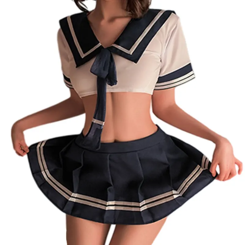 

Erotic Anime Student Costume Hot Girls Sexy Set Low Waist JK Pleated Skirt Midriff-baring Transparent Top Exotic Woman Uniform
