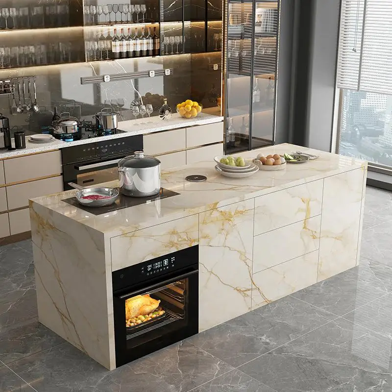 Natural Marble Kitchen Island with Storage & Wine Cooler, Customizable Luxury Cabinet, Waterproof Countertop for Spacious Home​​
