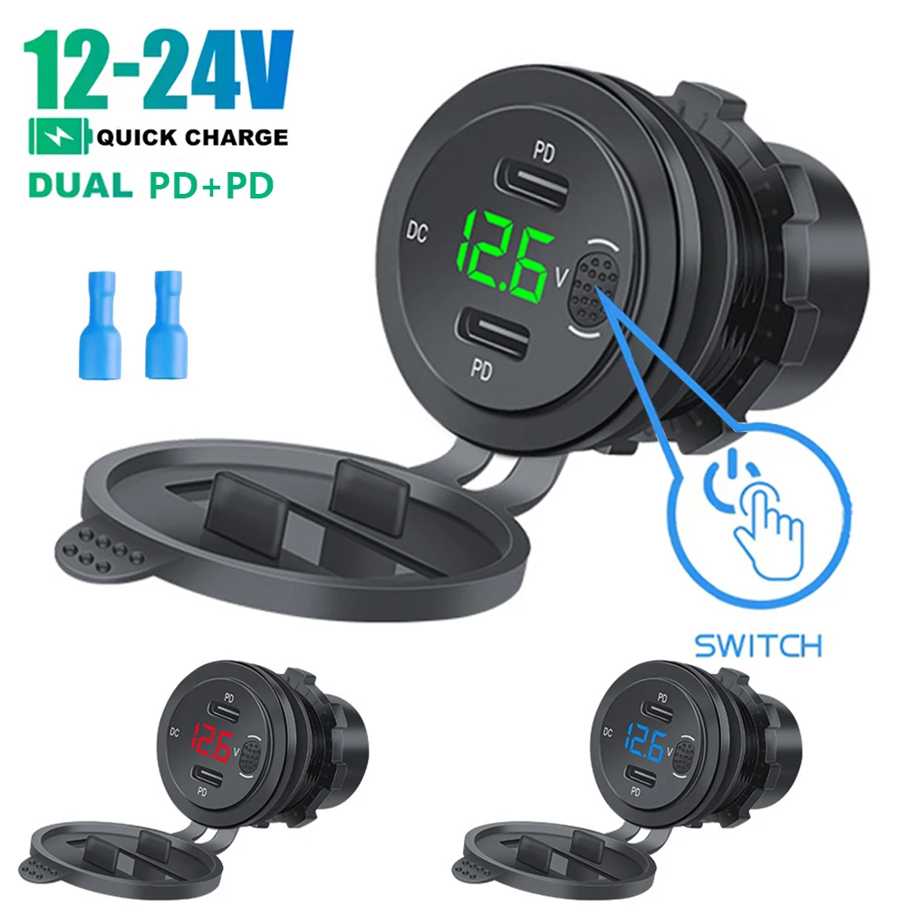 Dual PD Car Charger Switch Socket Power Adapter 12V-24V Waterproof Port Fast Charging Suitable for Cars Boats and Motorcycles