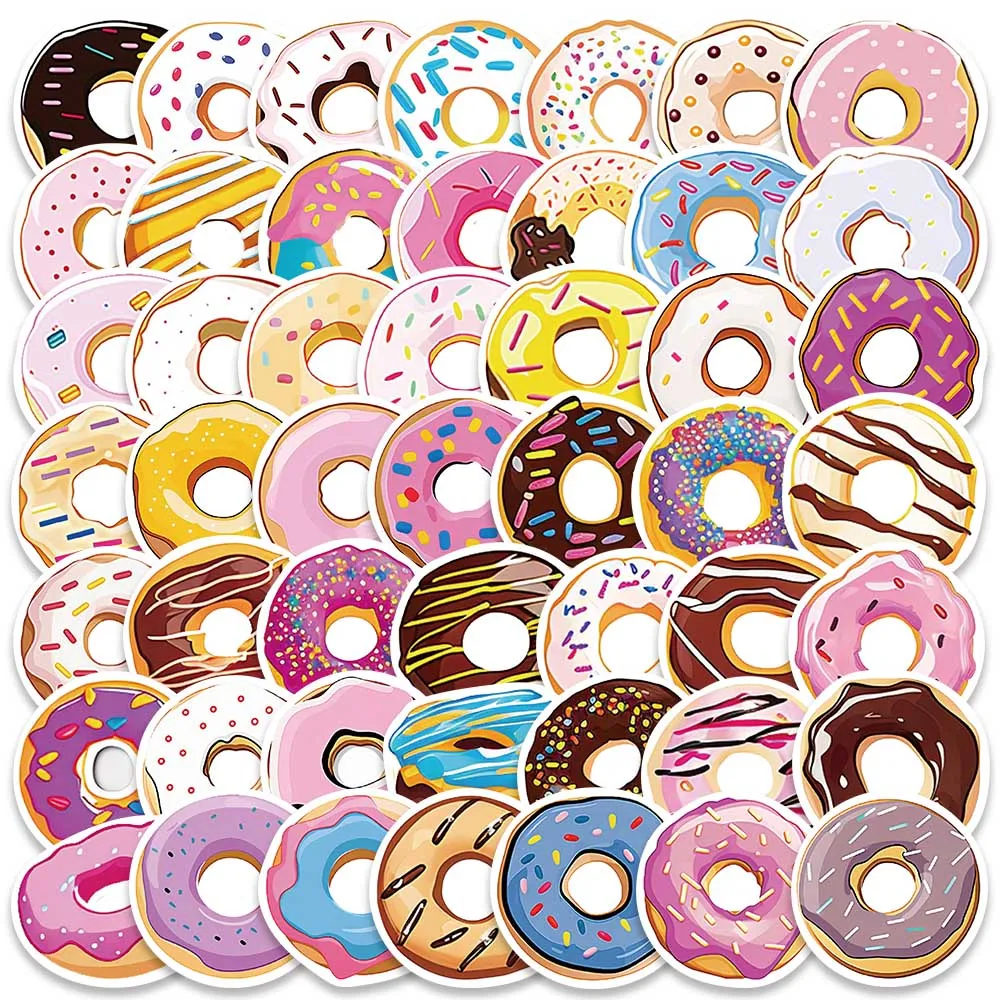 Paquete de pegatinas de Donuts de dibujos animados, calcomanías de vinilo para ordenador portátil, teléfono, guitarra, equipaje, bricolaje, impermeable, grafiti, bicicleta, coche, 50 piezas