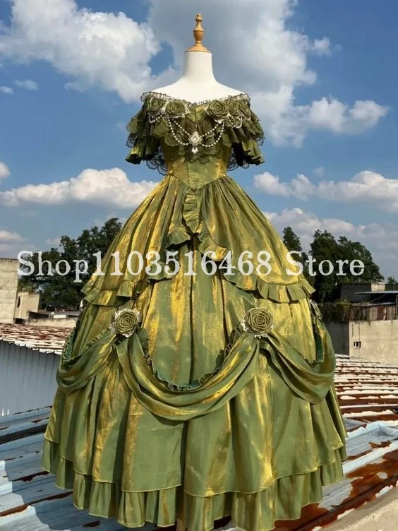 

Lolita Corset Laced Prom Party Dress Fruit Green Fantasy Round Neck Floral Applique Pleated Victorian Dress فساتين حفلة موسيقية