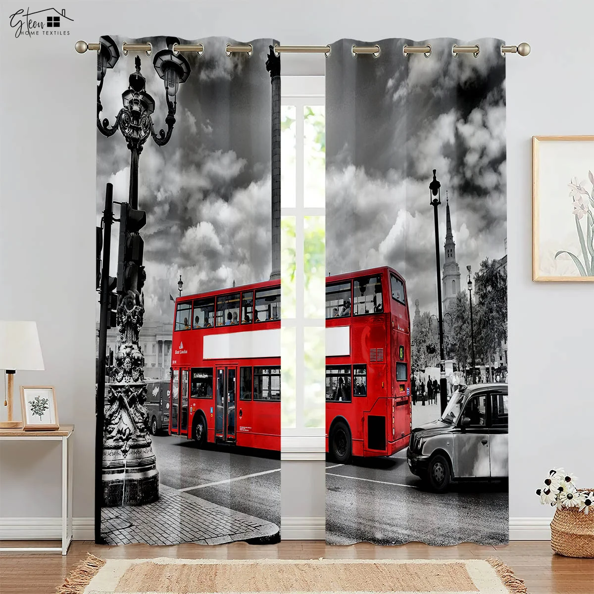 Black And White City Building 3d Printed Curtains Building Street View Red Bus Yellow Car Simple Modern Decorative Curtains 2PCS