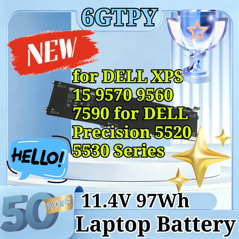 New 6GTPY 11.4V 97Wh Laptop Battery for DELL XPS 15 9570 9560 7590 for DELL Precision 5520 5530 Series Notebook H5H20 Battery