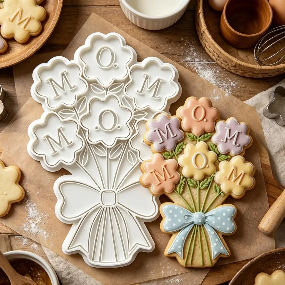 Cookie Cutters Food Grade Plastic Cookie Stamps Decorations Mold Kitchen Bakery Mothers Day Cookie Cutters MOM Plunger Stamps
