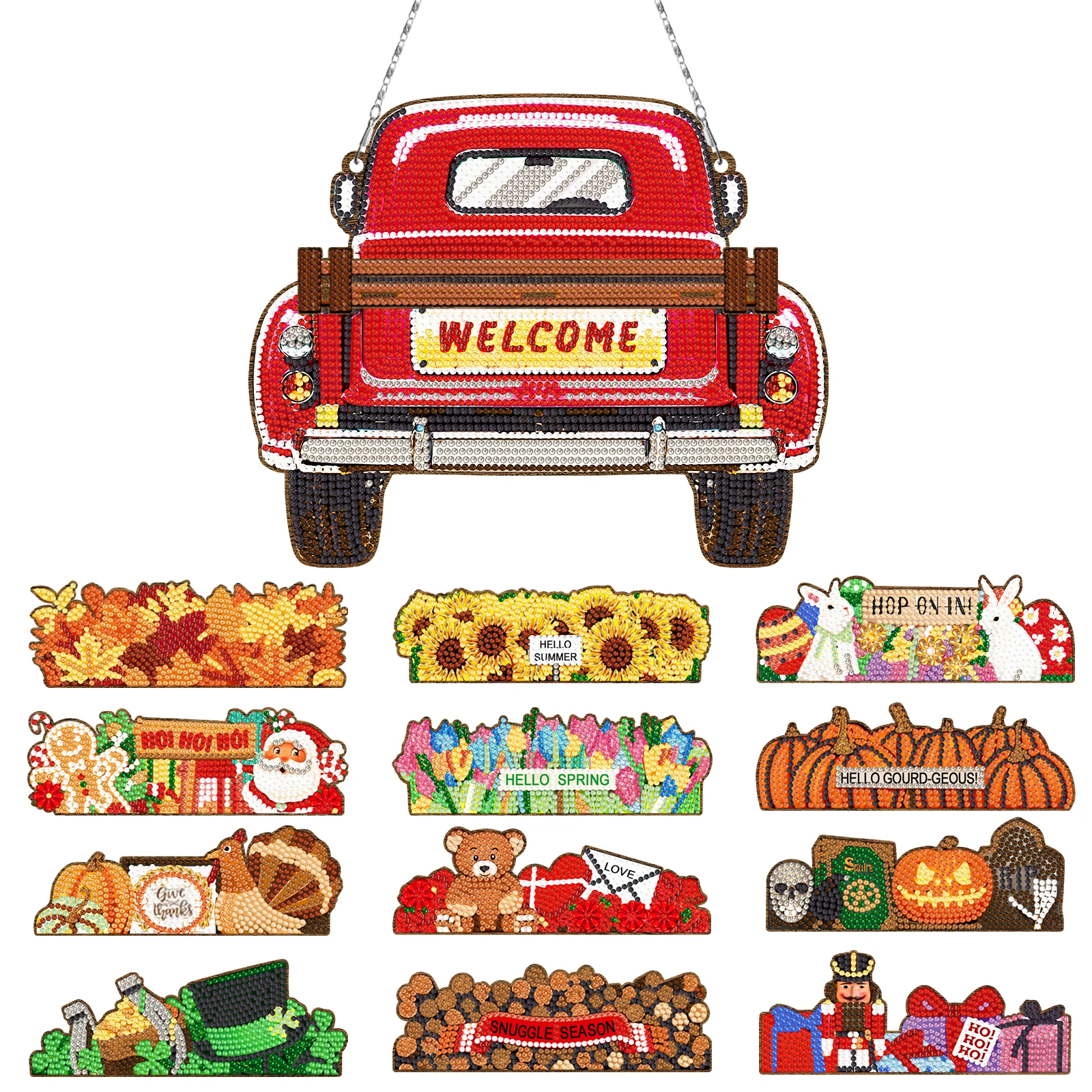 

13pcs Diamond Painting Welcome Sign Interchangeable Seasonal Decoration Red Car Shape Diamond Painting