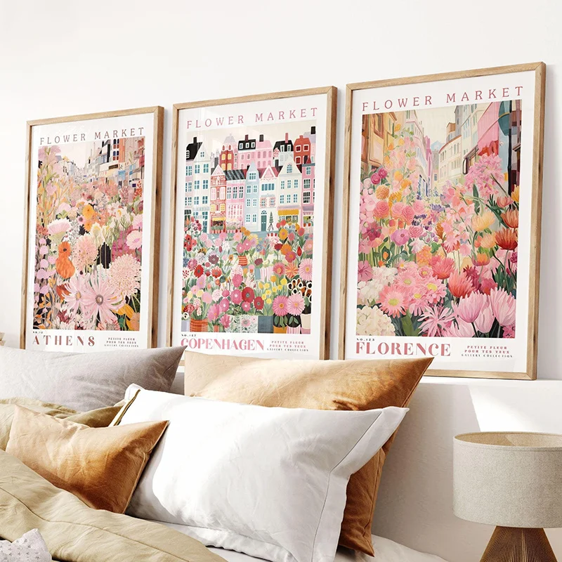 3pcs Modern Flower Market Canvas Art Posters, Unframed Botanical Wall Art Bundle Pink Flower Posters for Living Room Decortions