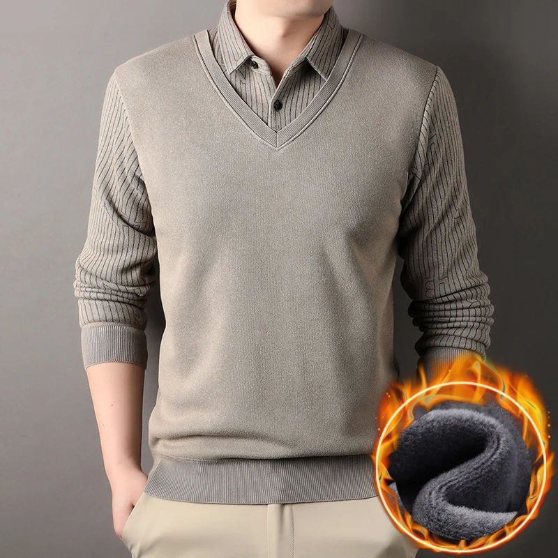 

Мужской зимний свитер-поло, плюшевый пуловер, свитера с воротником-поло, поддельные комплект из 2 предметов, модная деловая повседневная одежда, мужские вязаные пуловеры