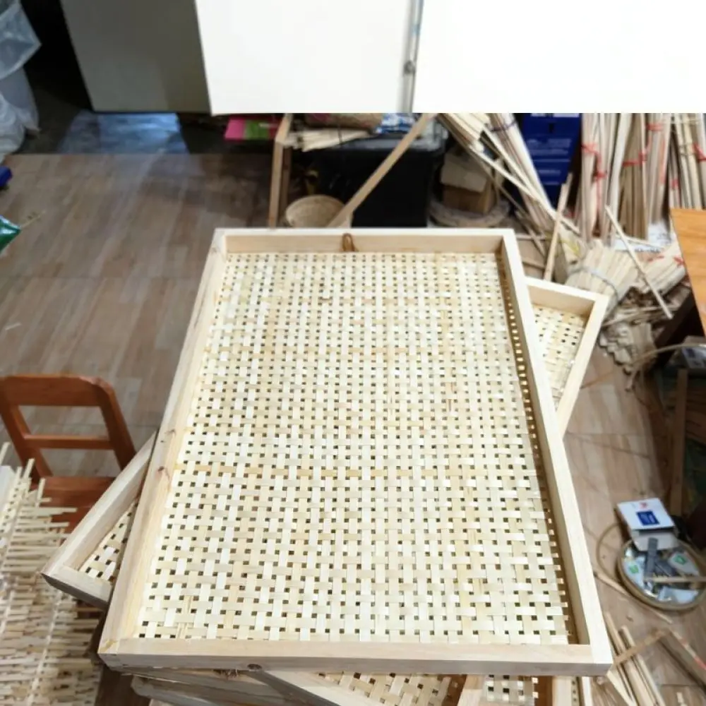 Rectangular Handmade Bamboo Sieve Tray Woven Food Drying Basket Natural Rustic Kitchen Storage Serving Organizer