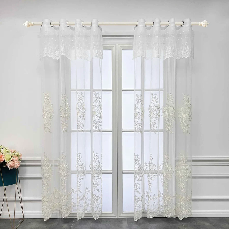 

European Floral Sheer Embroidered Curtains with Top Lace Grommet for Living Room Bedroom Balcony