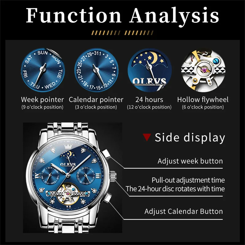 OLEVS Men Luxury Automatic Mechanical Watch Stainless Steel Tourbillon Sport Clock Date Moon Phase Business Wristwatch Relojes