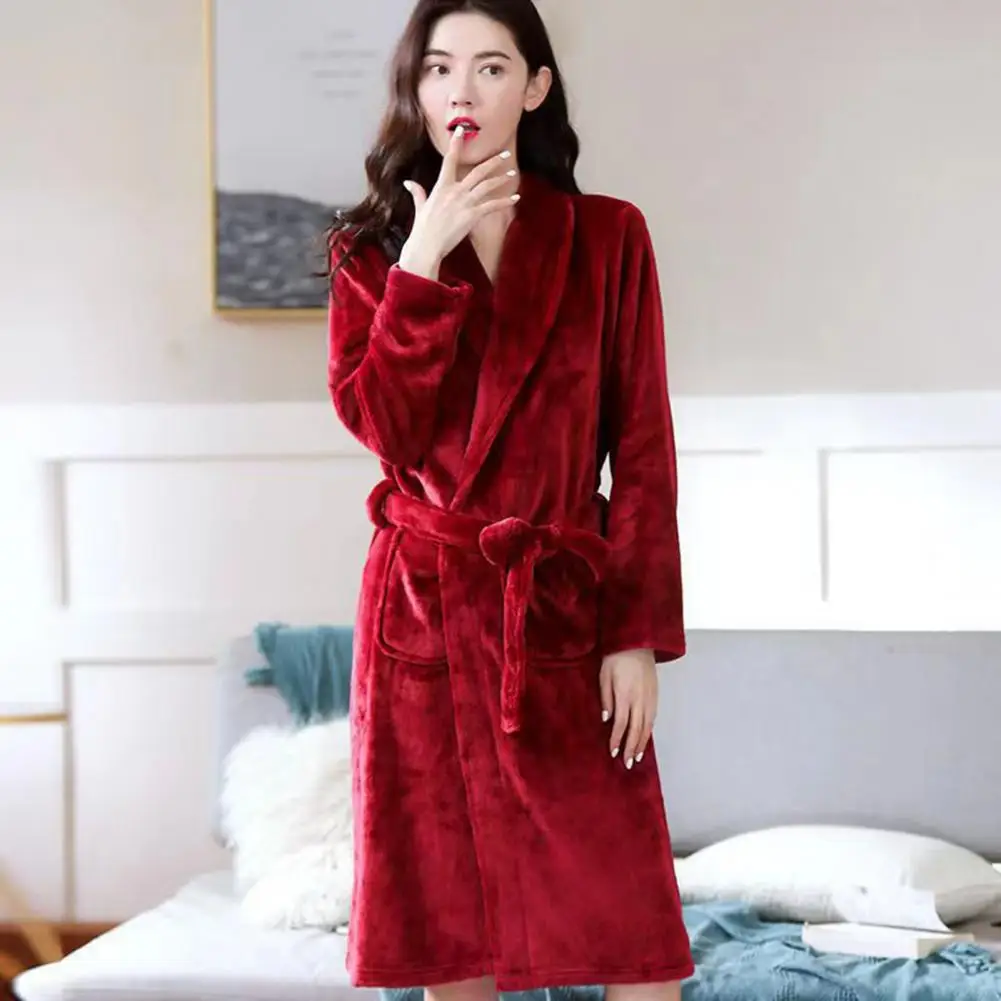 Unisex Winter Lounge Robe Bathrobe Thick Warm Lace Up Long Sleeve Cardigan Lapel Pockets Knee Length Nightgown