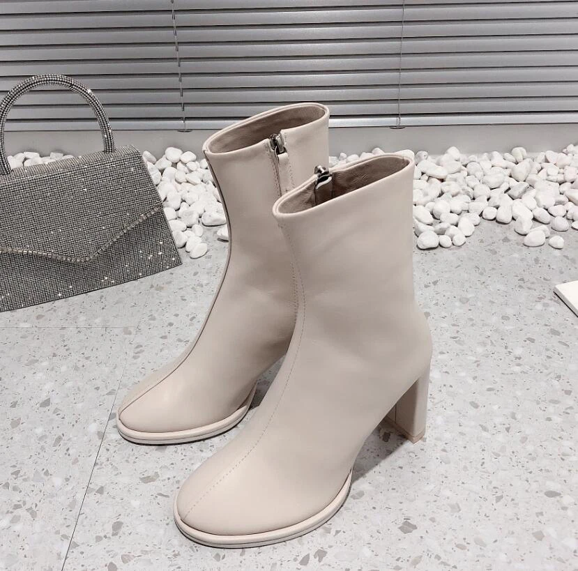 Autumn Winter High Heel Women Boots Beige Black Brown Leather Brand Name Consice Nude Bootie Side Zip Platform Dress Shoes