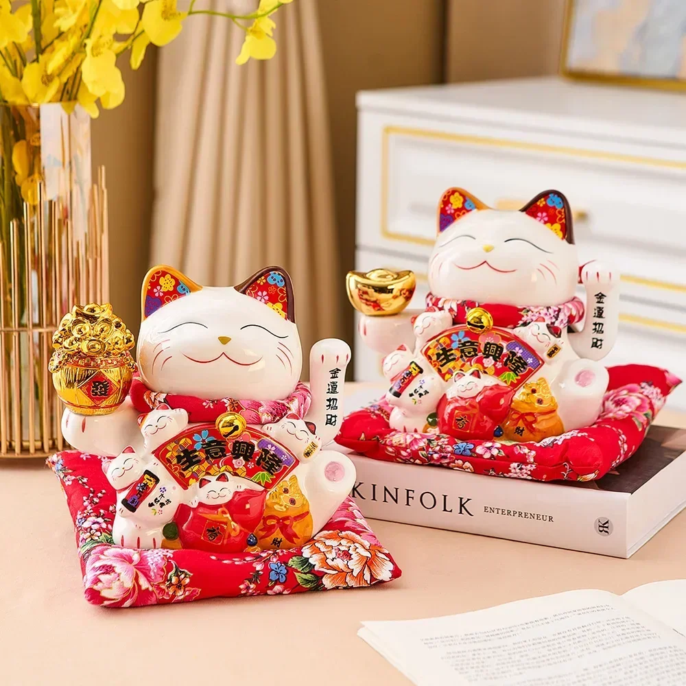 Fortune Cat Statue Room Decor Accessories Ceramic Maneki Neko Lucky Cat Home Decor Waving Hand Cat Feng Shui Ceramic