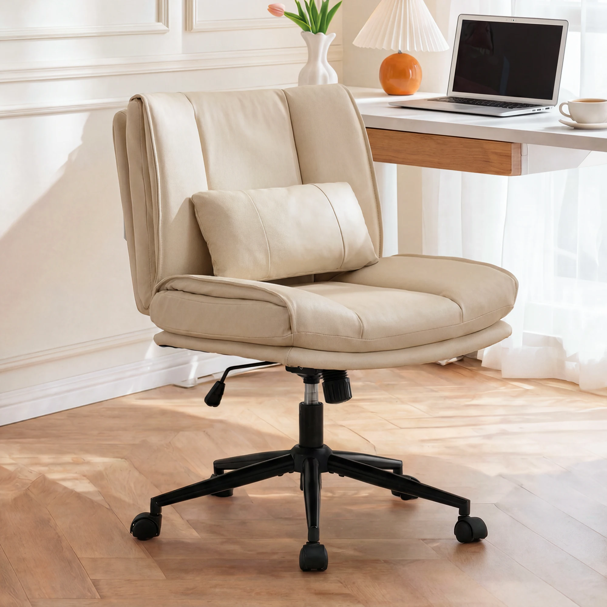 TCGBKAF Armless Criss Cross Office Chair with Wheels PU Khaki 5.5